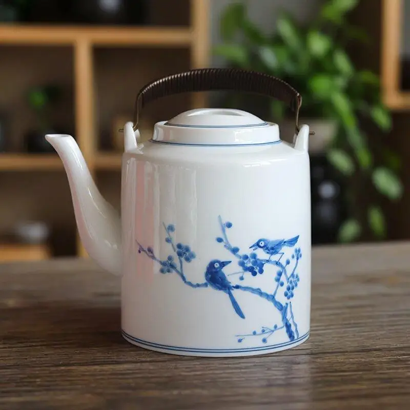 Hand-painted Underglaze Color Ceramic Teapot 1200ml Chinese Blue Landscape Beam Kettle With Stainless Steel Filter Tea Pot