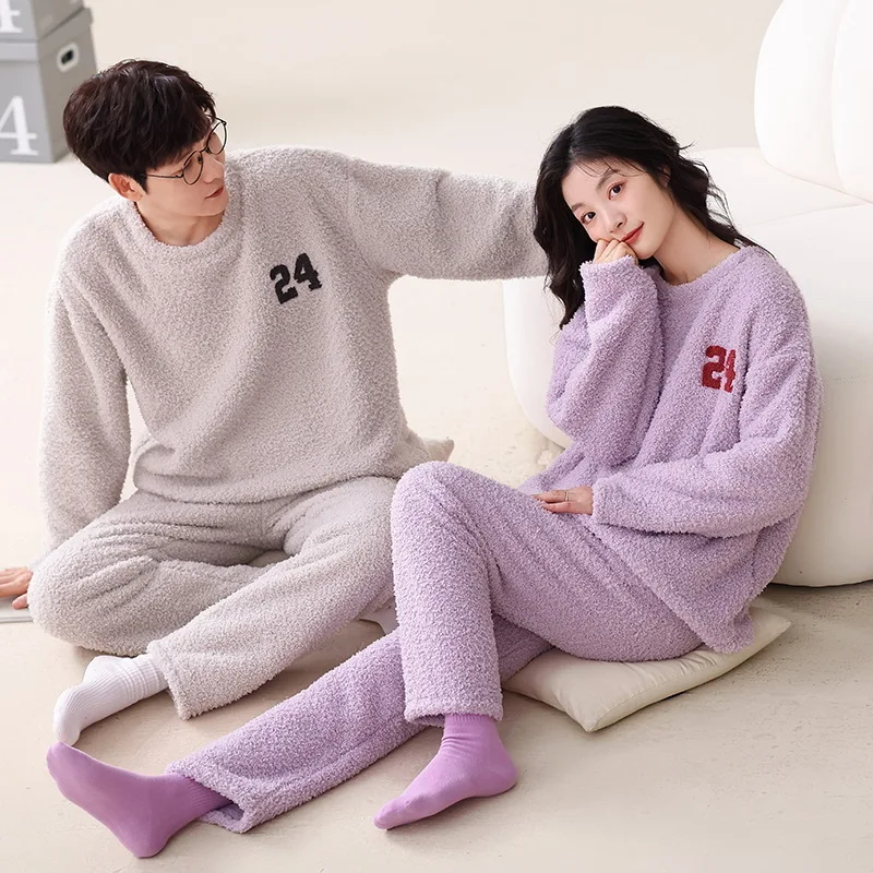 Autumn Winter Warm Thicken Flannel Pajamas Set for Couples Solid Men Sleepwear Women Loose Soft pijama mujer pijamas de pareja