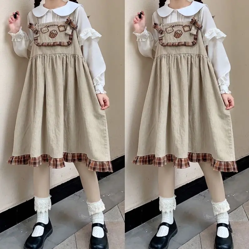 Cute Corduroy Loose Ruffles Patchwork Plaid Overalls Qweek Kawaii Lolita Dress Japan Bear Print Japanese Lolita Sweet Dresses