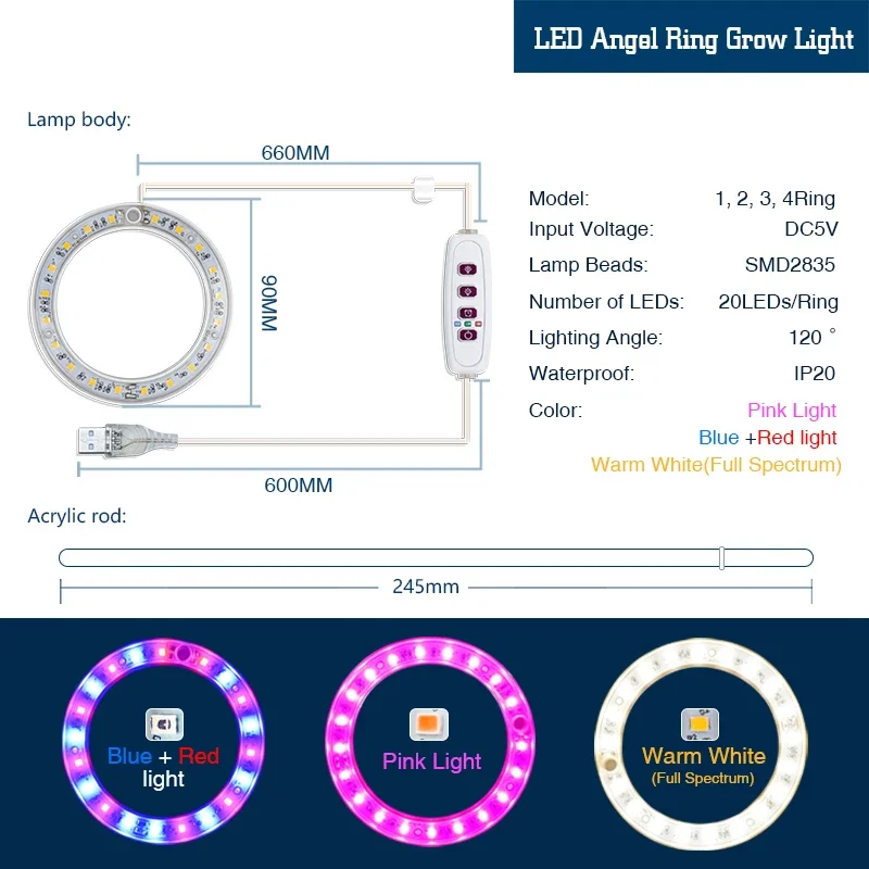 Imagem -02 - Led Anjo Anel Crescer Planta Luz Usb Phytolamp para Plantas Lâmpada de Espectro Completo Mudas Internas Casa Flor Suculenta Dc5v