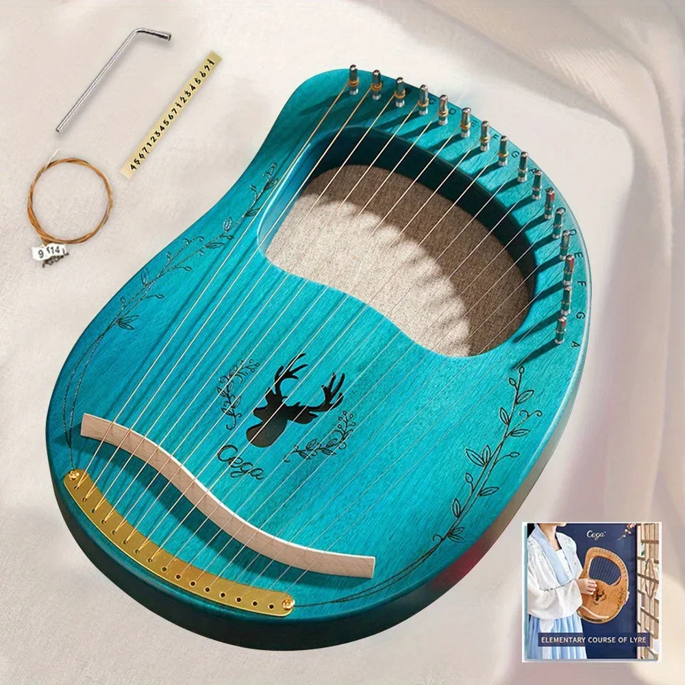 Professional Lyre Harp with 16 Steel Strings, Polished Finish, Metal Saddle, Tuning Wrench, Spare String Set, Picks, Manual