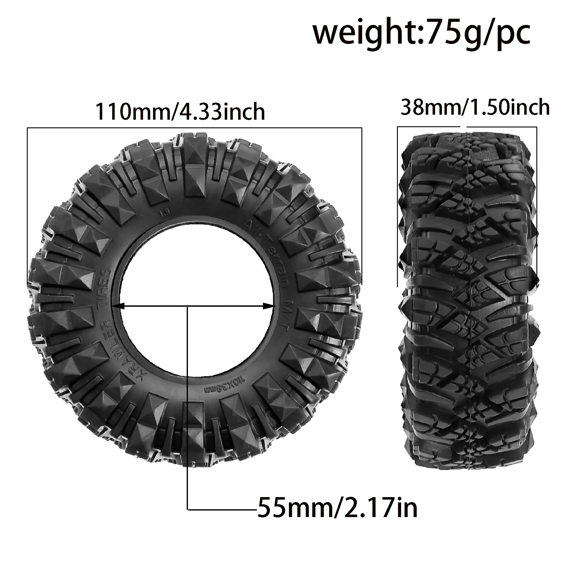 4Pcs 1.9 Inch Rubber Rock Crawler Tires 110mm Tyre for 1/10 RC Car Axial SCX10 90046 TRX4 Capra Redcat Gen8 YIKONG WRAITH RR10