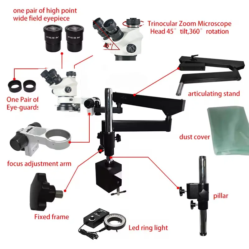 Flexible Articulated Arm Large Movement Boom Stand 7-50X Trinocular Stereo Microscope for Lab Pet Surgery PCB Repair