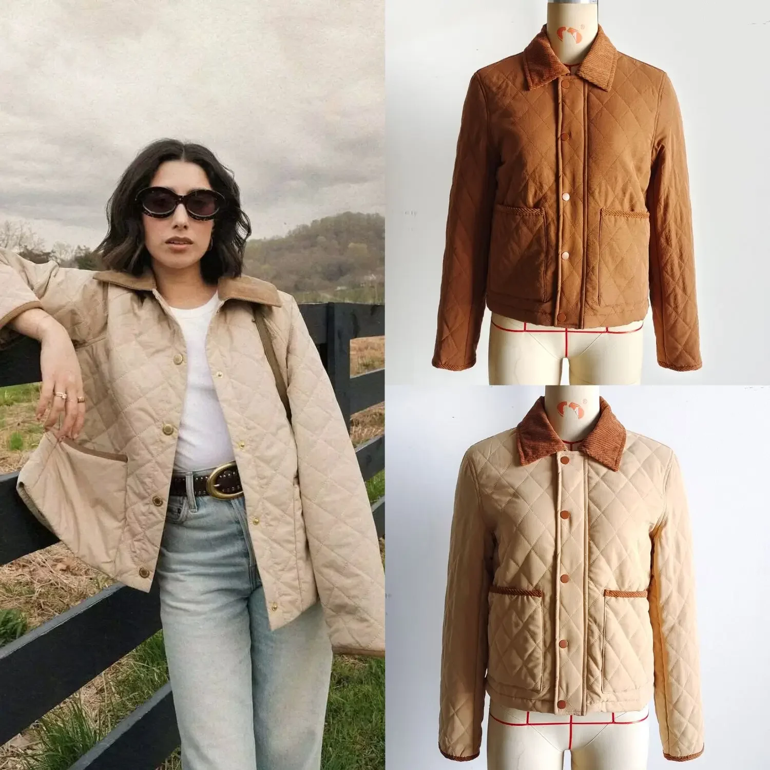 

Women's Outerwear New Autumn Winter Clothes Long Sleeve from Mainland Chin Fashionable Corduroy Collar Color Block Cotton Jacket
