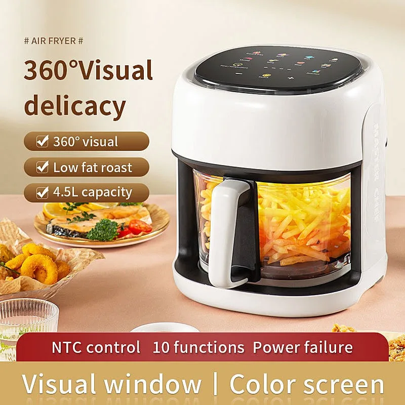 4.5L High Borosilicate Glass Air Fryer Smart Color Screen Auto Shut Off Multifunctional Electric Fryer