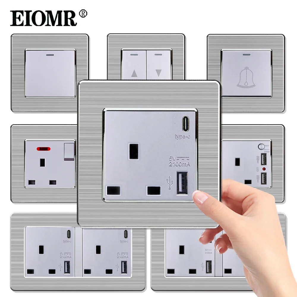 EIOMR UK Standard Power Socket 13A Dual USB Type-c Ports Single Double Wall Outlet Stainless Steel Panel Silver Malta Singapore