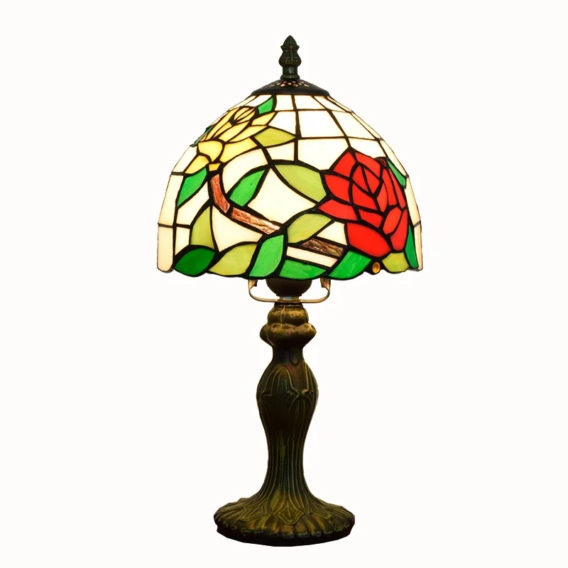 

8-inch American Rural Classic Red Rose Bar Dining Room Bedroom Bedside Table Lamp Tiffany's Stained Glass Night Light