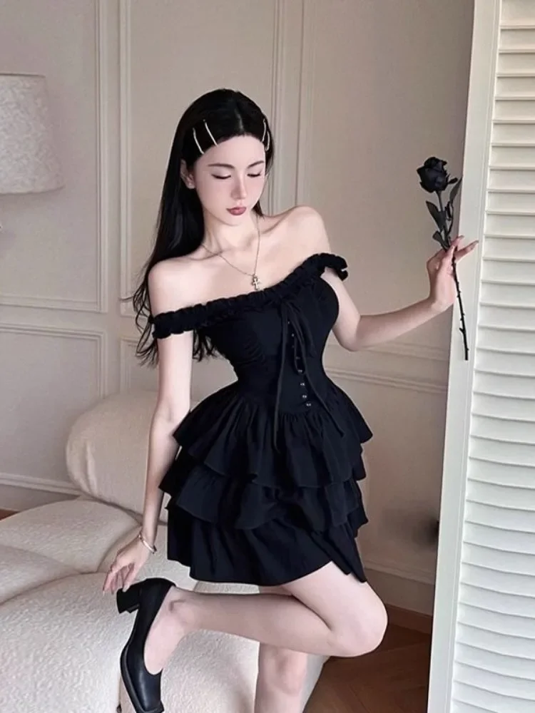 QWEEK 2023 Gothic Lolita Kawaii Slip Dress Soft Girl Goth Harajuku Off Shoulder Backless Sexy Black Ruffles Party Dresses Y2k