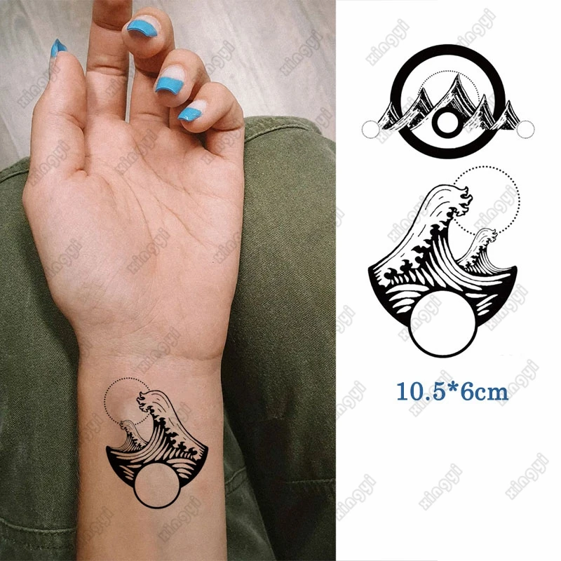 Waterproof Temporary Tattoo Sticker Sea Wave Moon Flash Tatoo Forest Small Mountain Arm Wrist Fake Tatto for Body Art Women Men