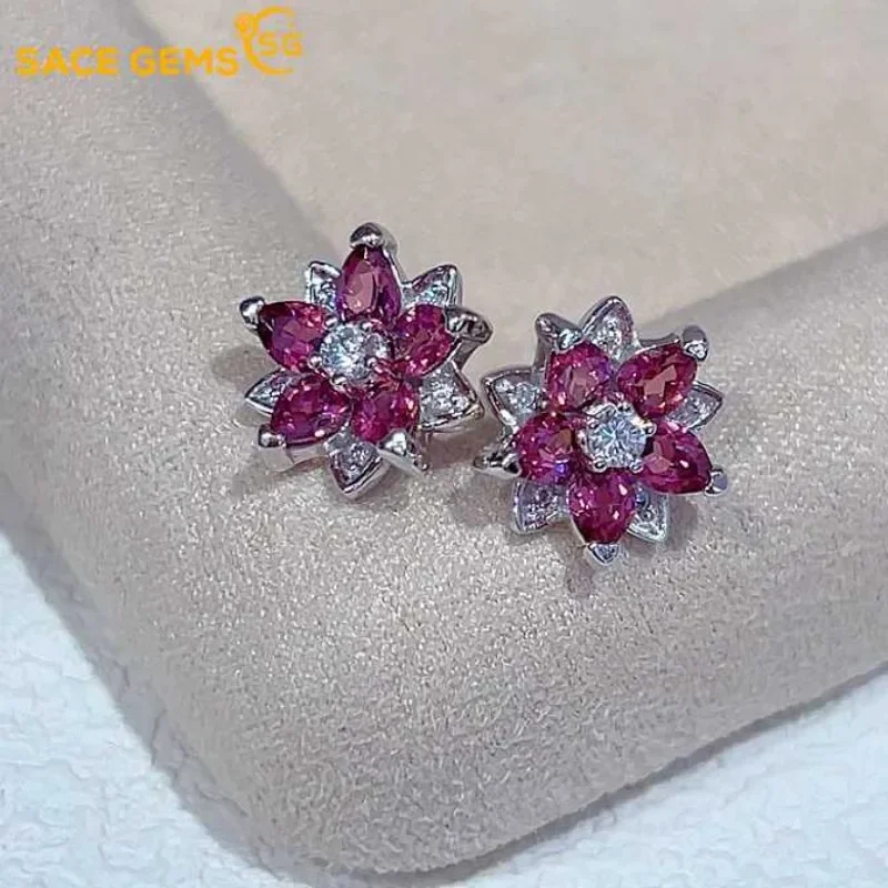 

SACE GEMS Fashion Drop Earrings for Women 925 Sterling Silver 3*4MM Natural Garnet Stud Earrings Wedding Party Fine Jewelry Gift