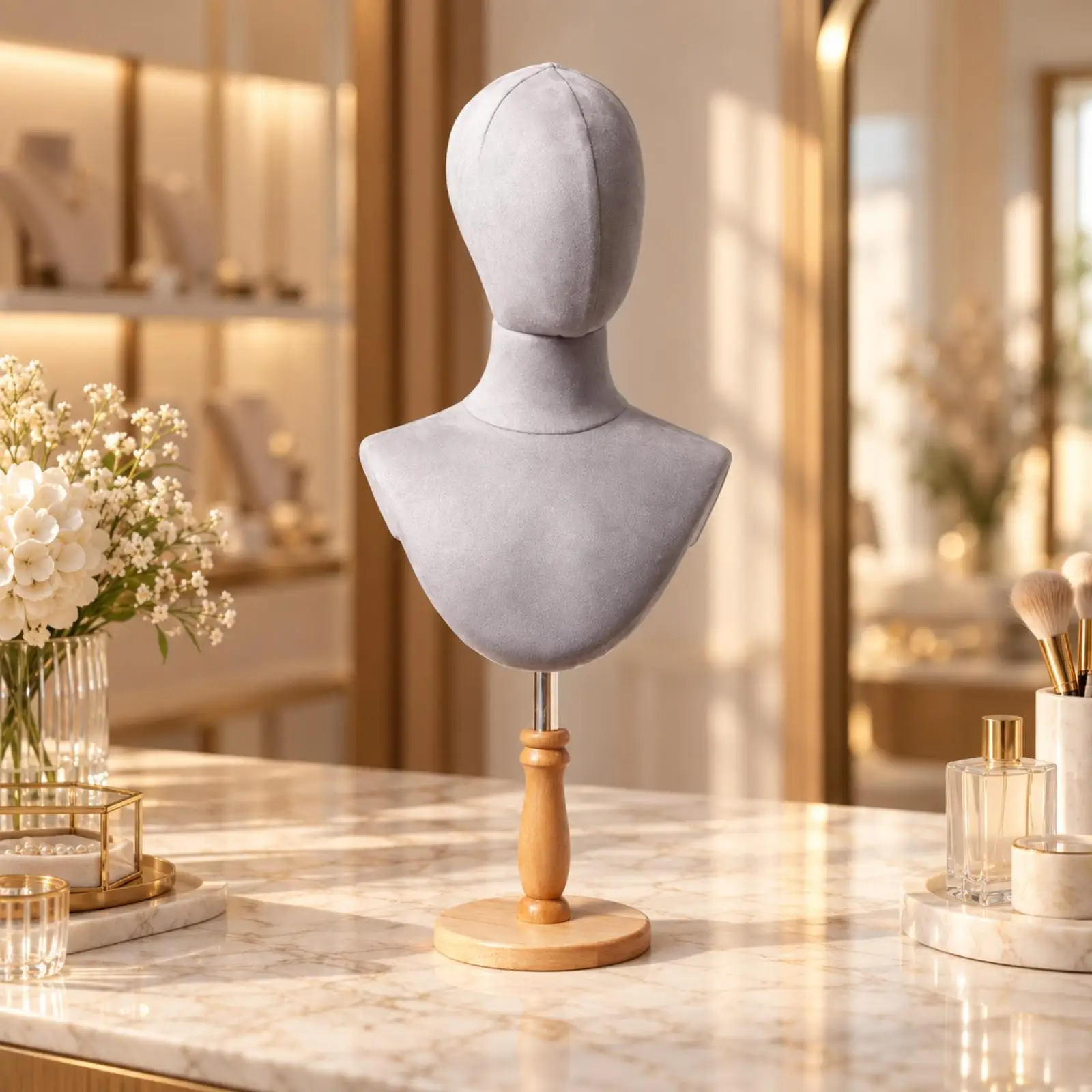 Adjustable Bust Necklace Display Stand Linen Jewelry Neck Form Wooden Base for Studio Shop Organizer Rack