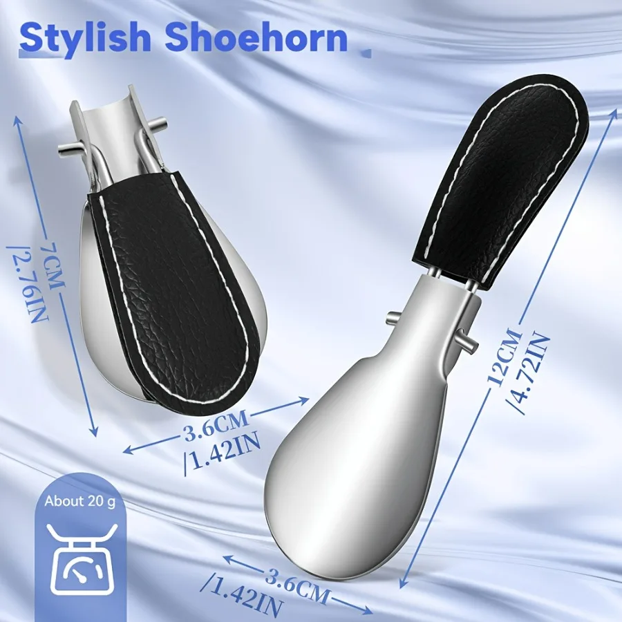 12CM Mini Folding Shoe Horn with Black PU Leather Case, Lightweight Rustproof Durable, Portable for Travel Commute