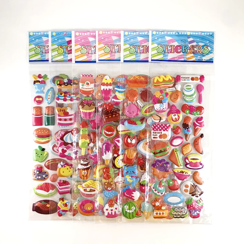 12 Sheets/Set Cartoon Bubble Stickers Burger Candy Cake Food Pattern Kids Cute Sticker for Children School Boy Girl Reward