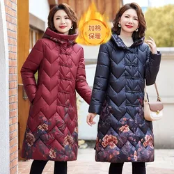 Women Casual Thicken Warm Hooded Long printing Coat Winter Down Cotton Coat Women Retro Chinese style Parkas