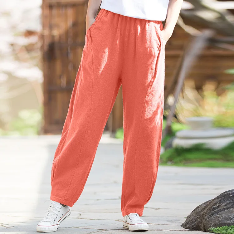 Winter women's fleece-lined ramie harem pants. Stone-washed, spliced design, vintage style, slimming and versatile.