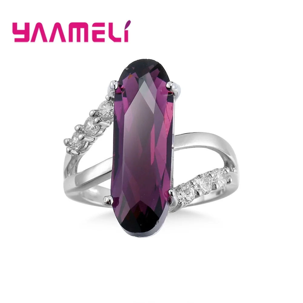 New Hot Selling Big Purple CZ Stone Cocktail Rings Fine 925 Sterling Silver Square Cubic Zircon Jewelry for Lady Female Gift