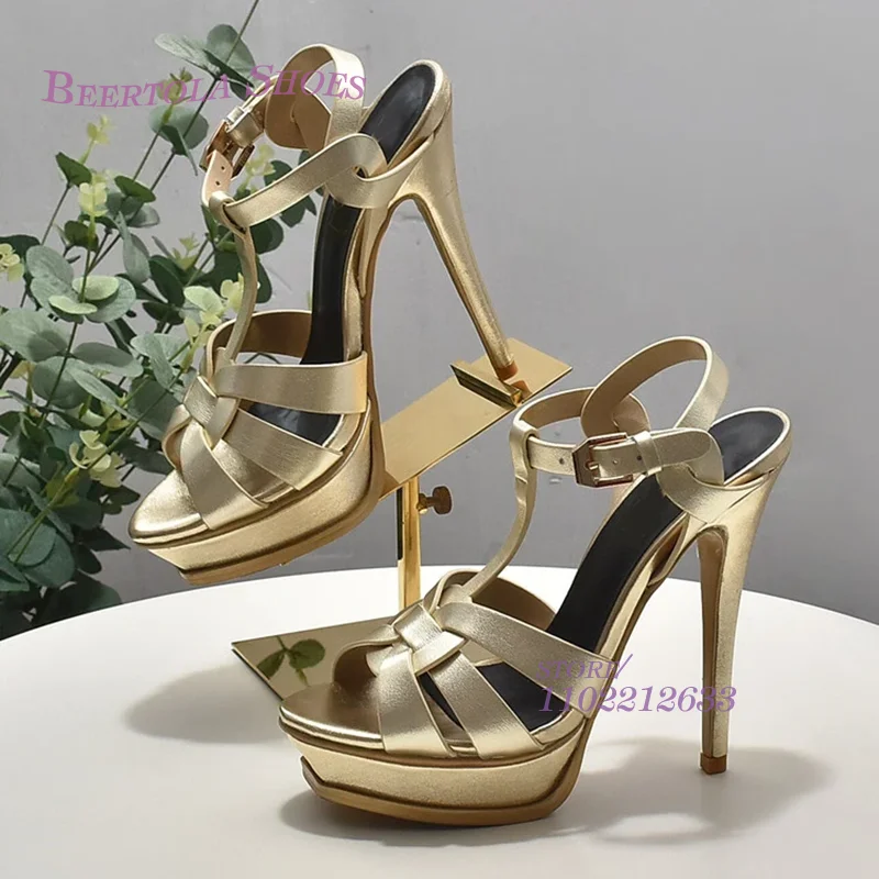 Tacones ondulados de piedra dorada para mujer, sandalias de cuero negro y plateado con hebilla de plataforma abierta, zapatos de moda de 14cm, 2024