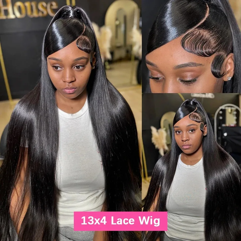 Perruque Lace Frontal Wig sans colle lisse, 13x4, Hd, noire, naturelle, transparente, pour Cosplay, usage quotidien