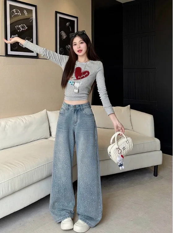 

Женские джинсовые брюки больших размеров с широкими штанинами, украшенные стразами, в стиле ретро, с высокой талией, прямые, повседневные, весна-лето, новинка