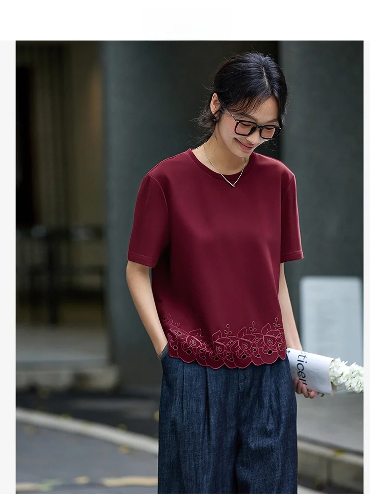 

Vimly Faion ort Sve Embroidered Hollow out Design round Ne T-irt Women's Casual Sle Spring Summer New Arrival