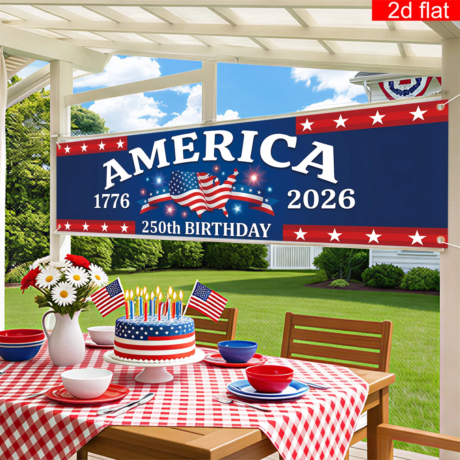 1Pc 2026 American Founding Anniversary Banner Stars and Stripes Theme Yard Decoration Flag Independence Day Party Decoration Porch Hanging Flag