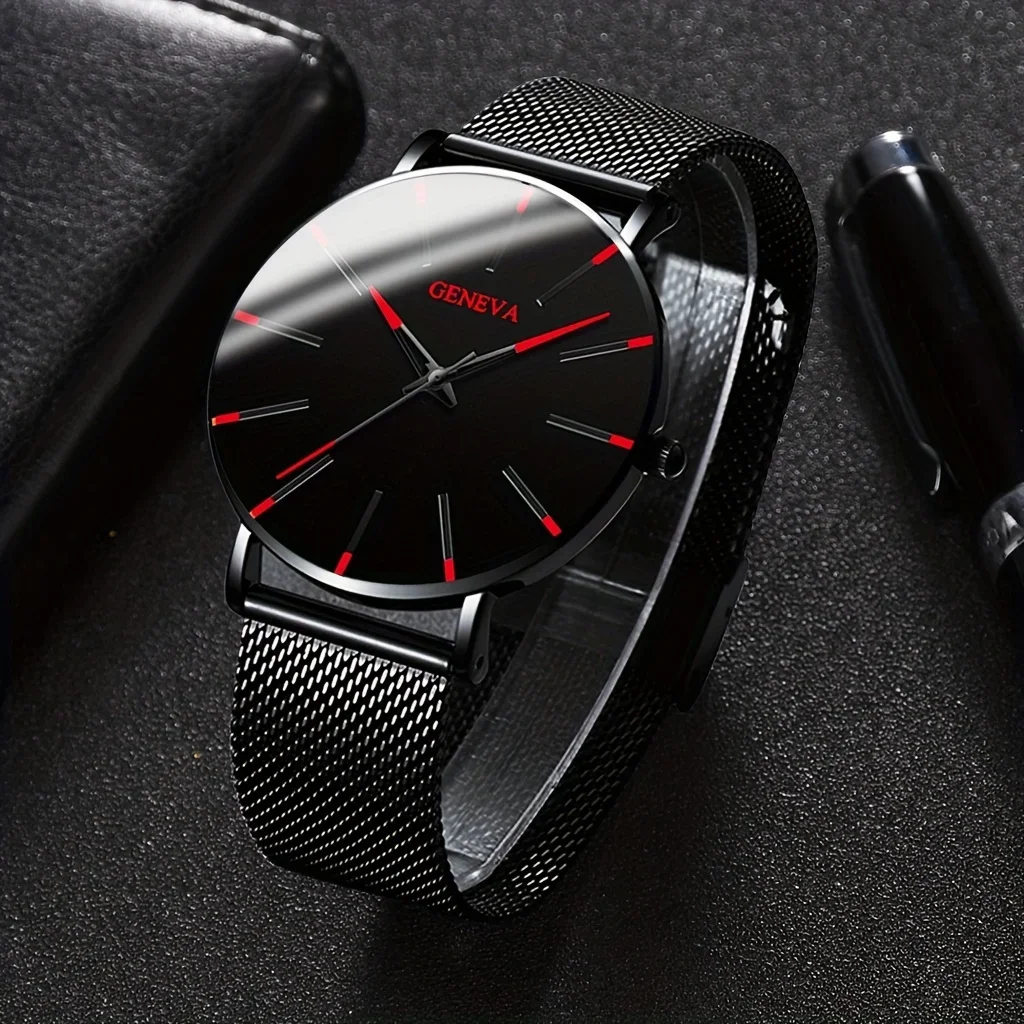 1 reloj de cuarzo negro de moda para hombre y conjunto de pulsera de árbol de la vida negra de 4 piezas
