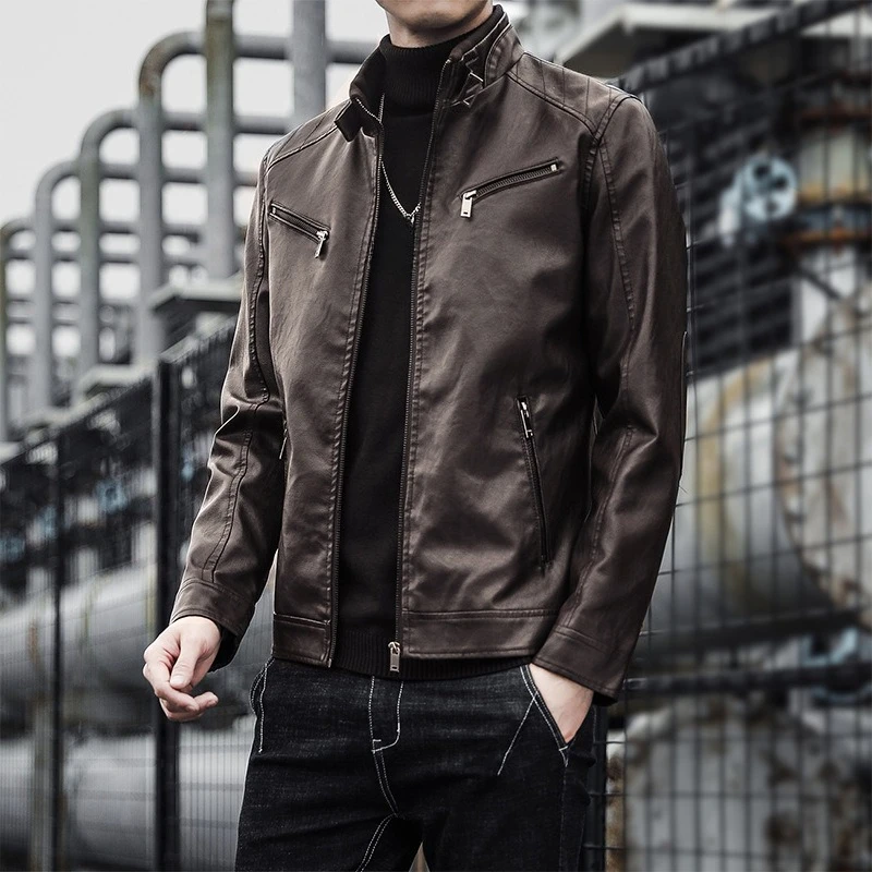 

Индивидуальные мужские однотонные повседневные модные простые базовые свободные пальто с воротником-стойкой и длинными рукавами из искусственной кожи, мужские куртки, топы