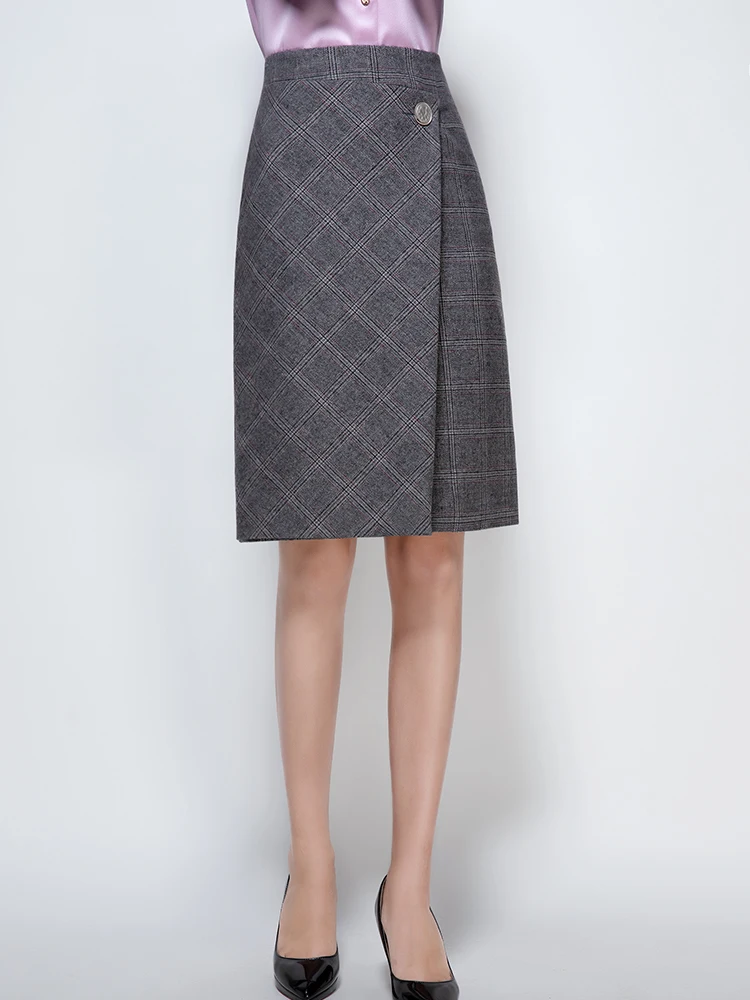 

ei Spring New Plaid Asymmetrical Woolen Velvet f-length Skirt Busin Straight Tube Skirt Simple Sle mid Waist Design