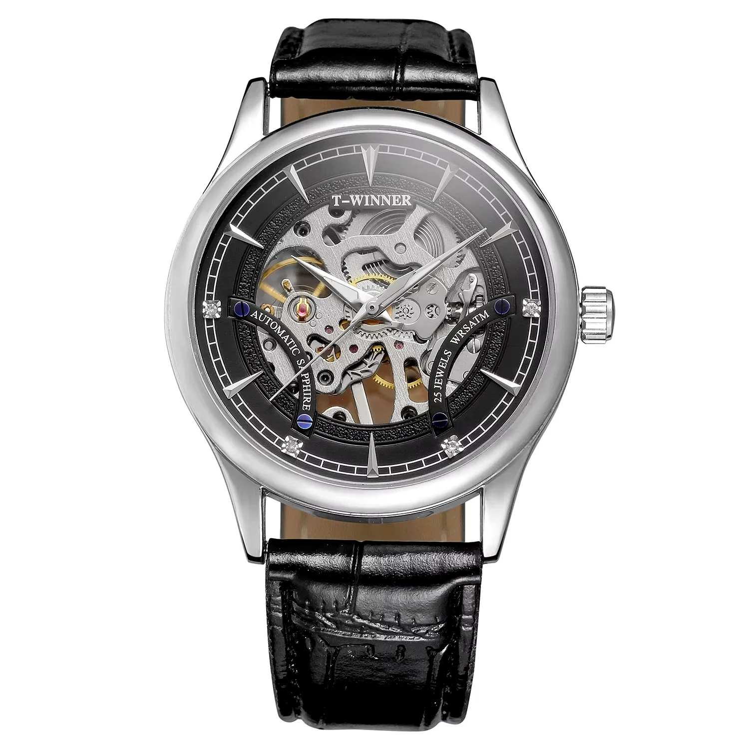 T-winner Casual Simple tira de uñas soportes dobles reloj mecánico hueco reloj redondo negro reloj con correa negra