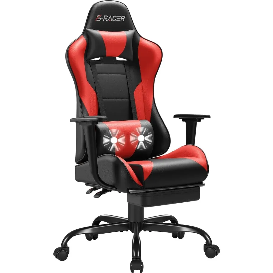 كرسي ألعاب قابل للتعديل بارتفاع أحمر مع مسند للقدمين ودعم قطني للتدليك ومقعد دوار ومسند رأس لمحطة عمل الكمبيوتر أ #1