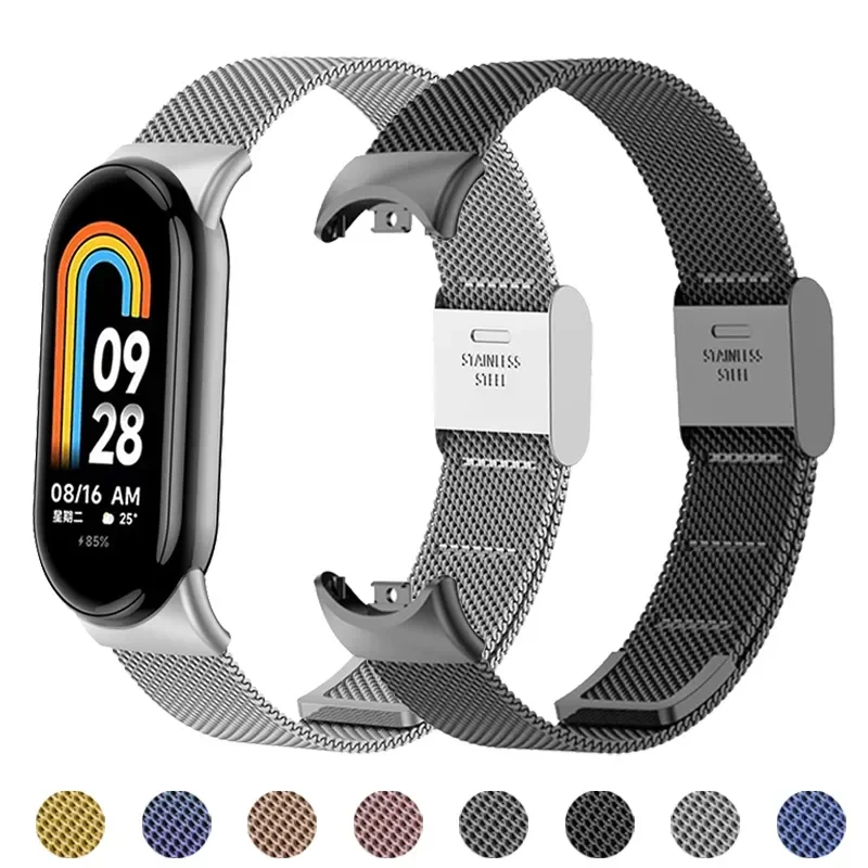 Pulseira de aço inoxidável para Xiaomi Mi Band, Metal Mesh, Smart Bracelet, Substituição Pulseira, Miband 8 Smartwatch Acessórios, 9