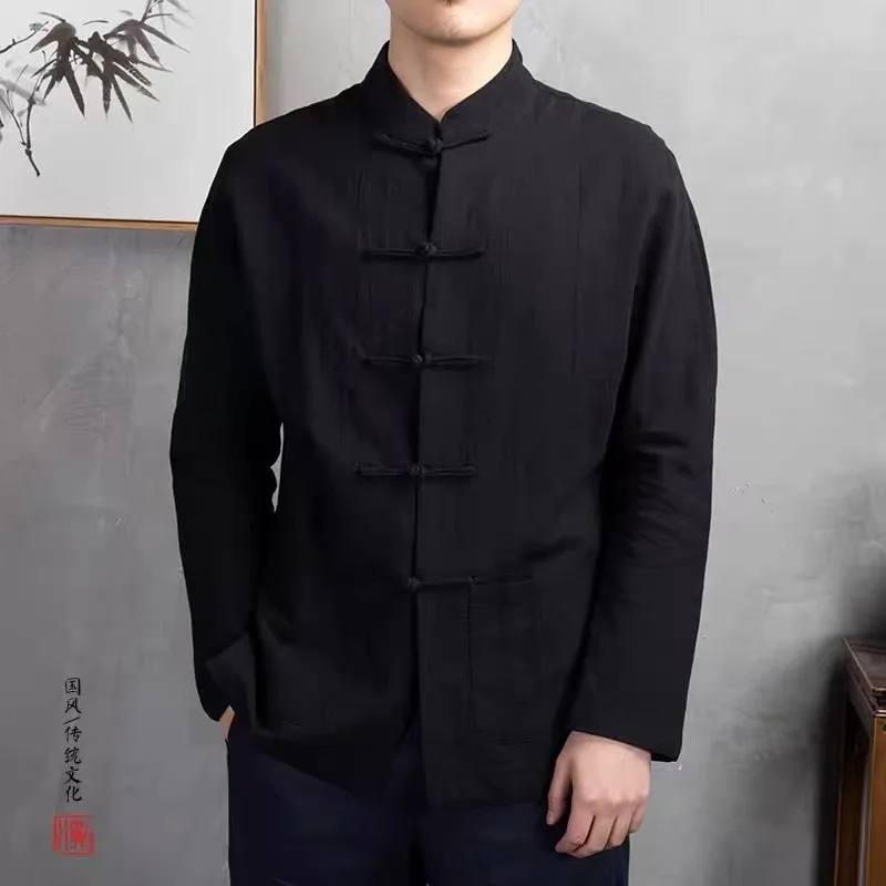 Chinese Style Casual Long Sleeve Shirt with Button Design Cotton Linen Men's Fashion Breathable Summer Clothing Traditional H...