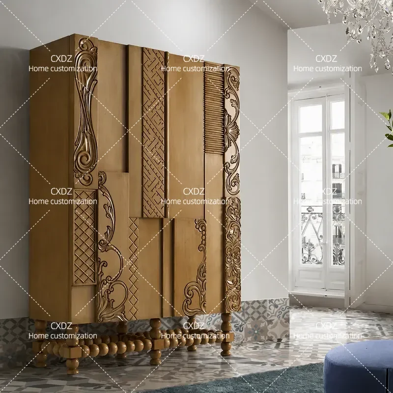 American Light Luxury Retro Solid Wood Carved Flower Dining Side Cabinet Living Room Storage Commercial Club Decorative Wine