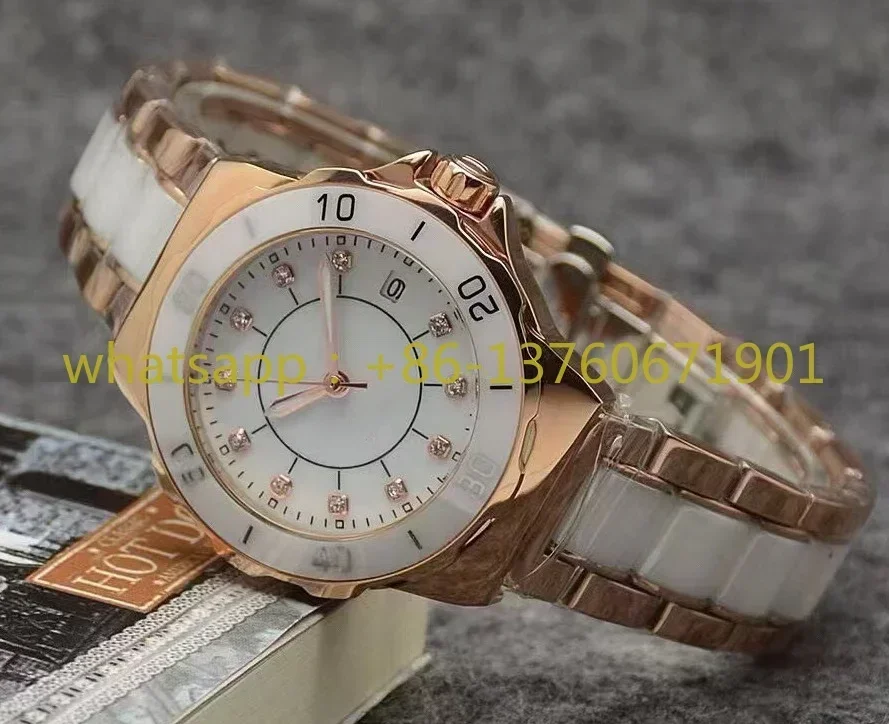 Luxe Nieuwe Vrouwen Quartz Keramische Diamanten Dames Jurk Horloge Zwart Wit Zilver Rose Goud Fashion Horloges 36mm