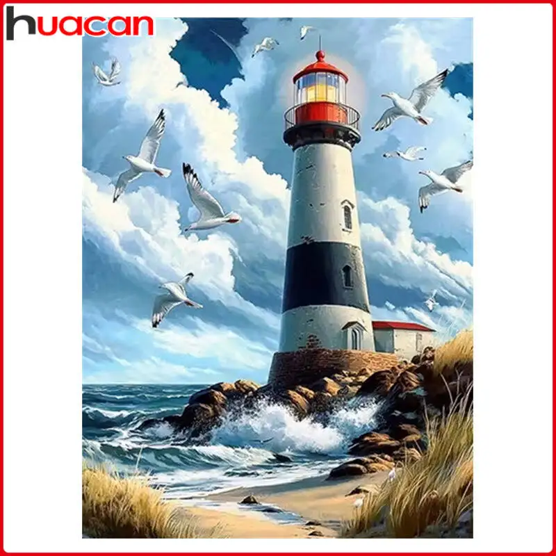 HUACAN 5D Lighthouse Seagull Diamond Painting Seaside Rhinestone Pictures Full Square Round Diamond Mosaic Handmade Gift
