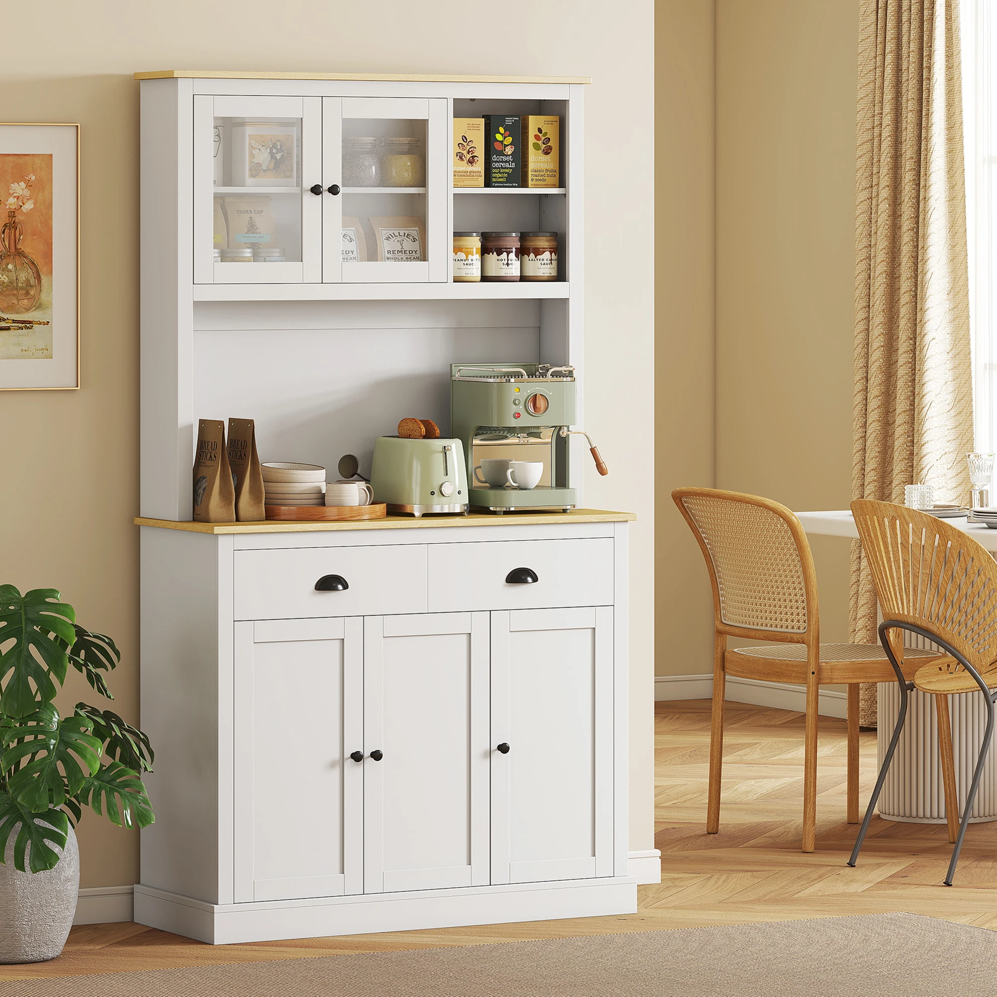 HOMCOM Kitchen Pantry Storage Cabinet with Microwave Stand, 71" Modern Kitchen Hutch with Open Countertop, Glass Doors, Storage Drawers and Adjustable Shelves for Dining Room, Coffee Bar, White