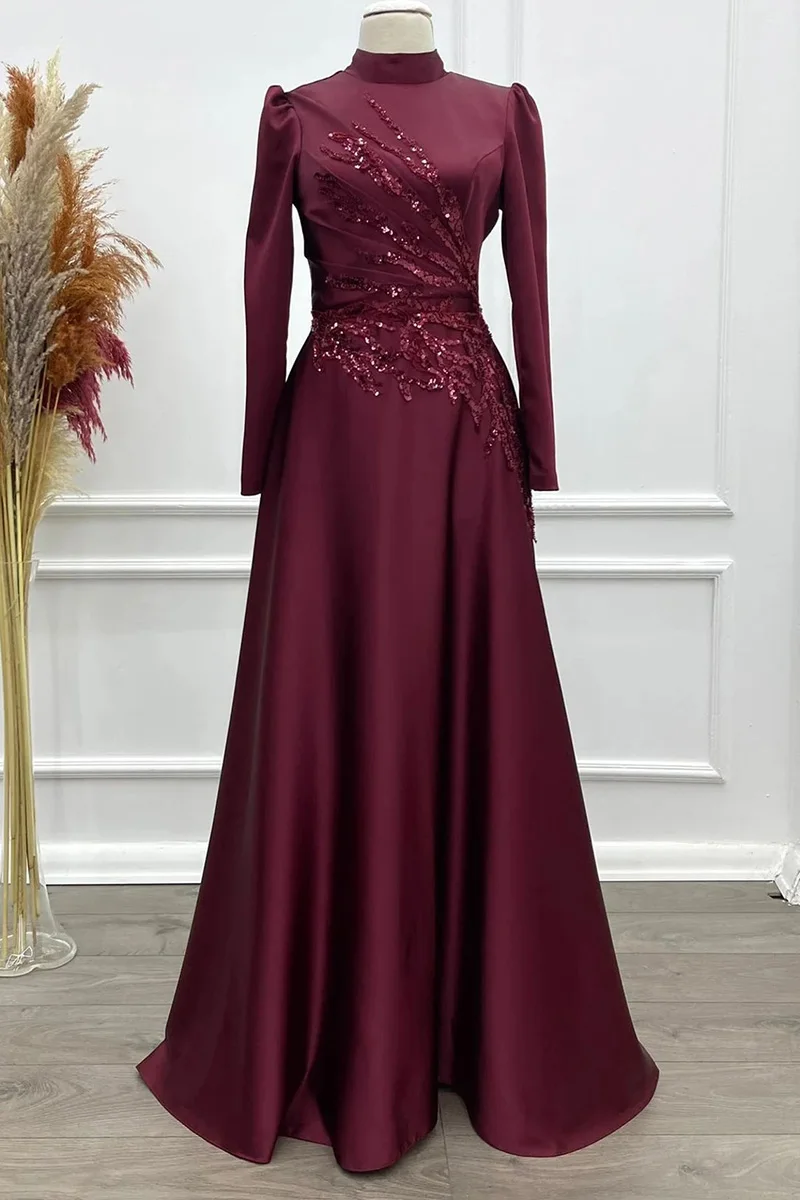 Elegancka, długa rękaw hidżab muzułmańskie suknie wieczorowe marokański kaftan na szyję cekiny aplikacje formalna suknia wieczorowa Robe De Soiree