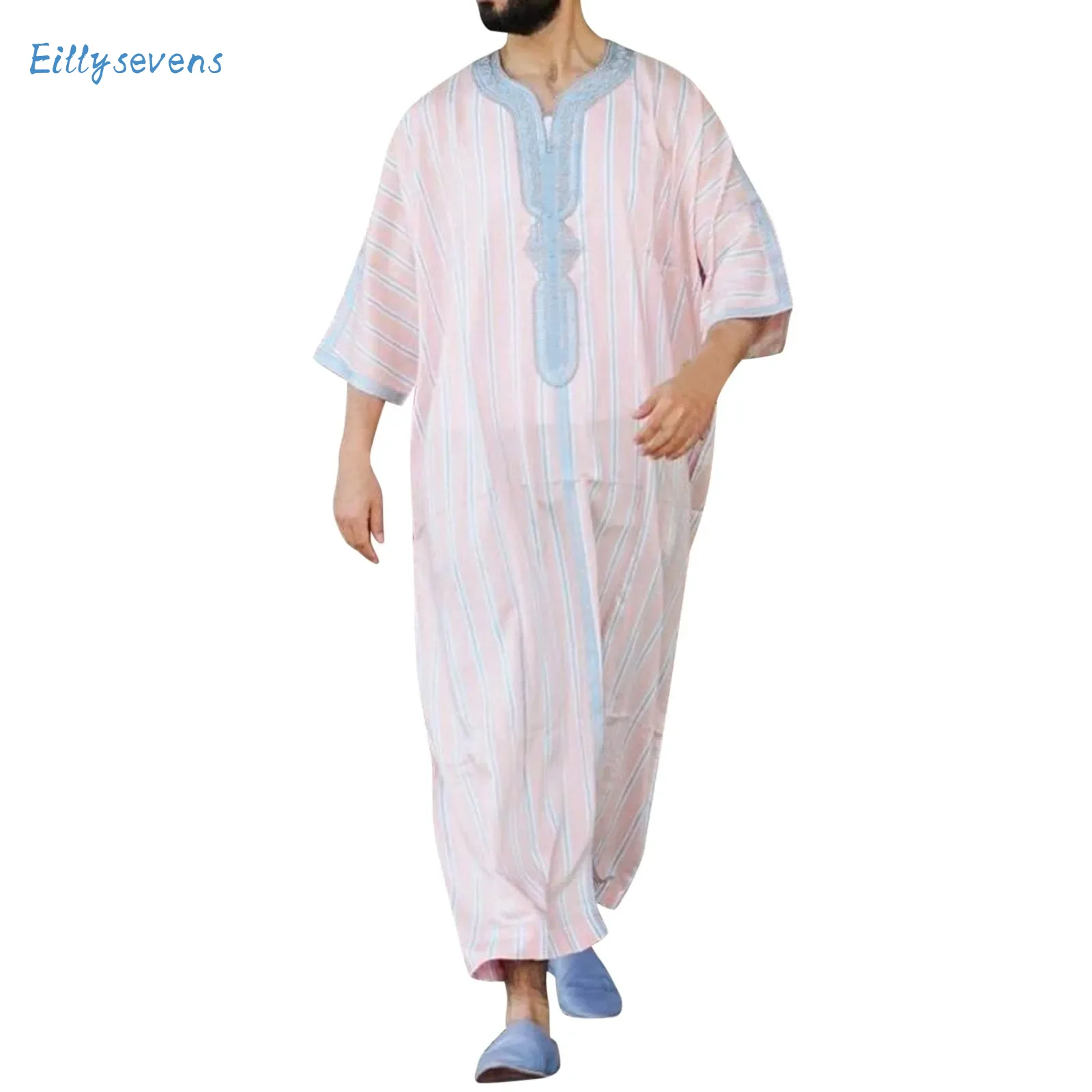 Men'S Short-Sleeved Muslim Clothing Arabic Ethnic Retro Style V-Neck Patchwork Printed Jumpsuits Muslim Robe Islamic Clothing