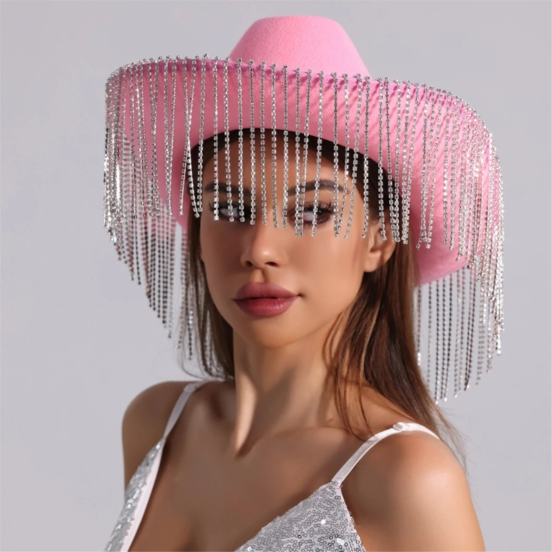 Wedding Party Cowgirl Hat for Bride Large Brims RolePlay Fringed  Hat Fashion Music Festival Hat Halloween Headwear