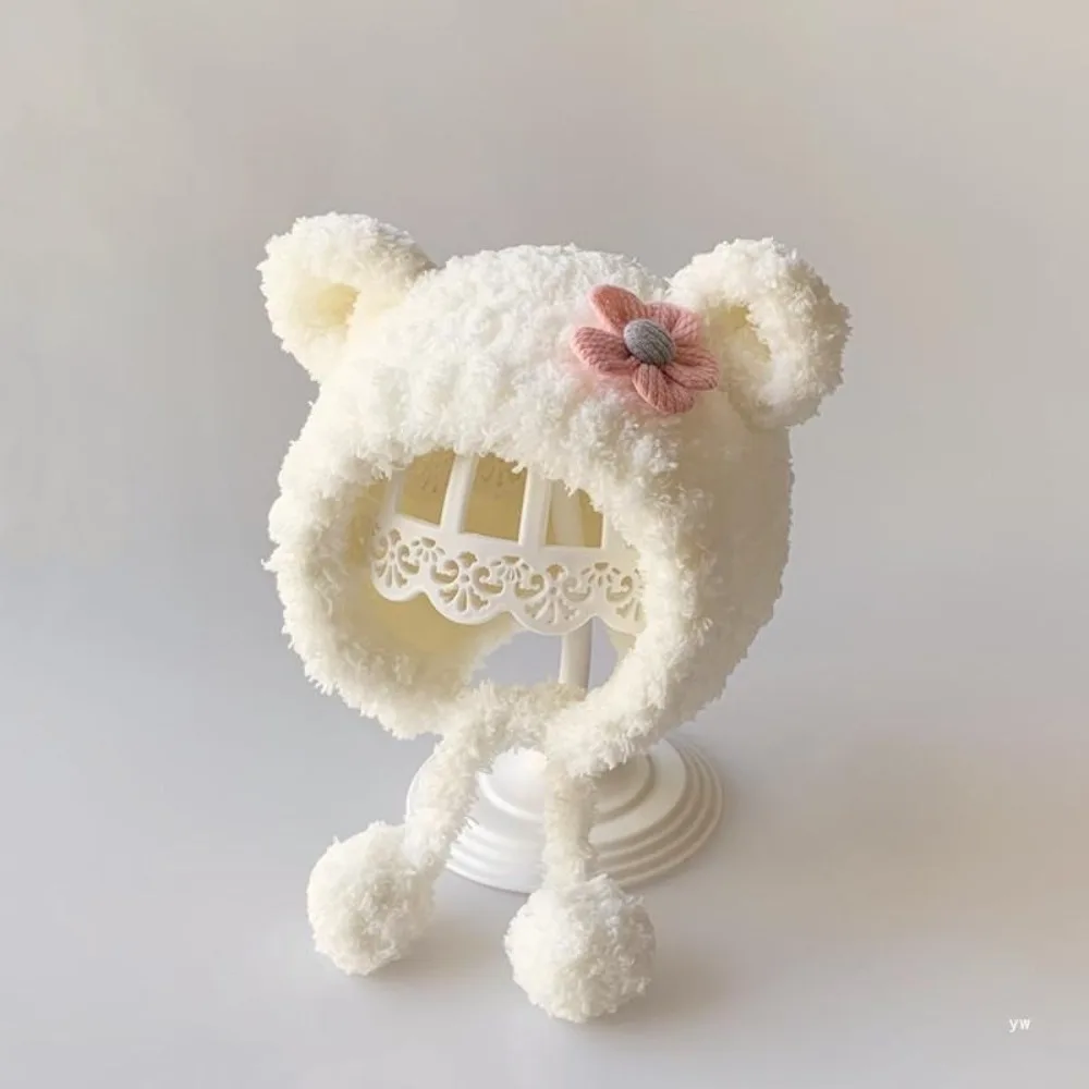 Cute Flower Plush Beanie Cap Thicken Warm Windproof Ear Protection Hats Warm Hat Pullover Hat Newborn Bonnet