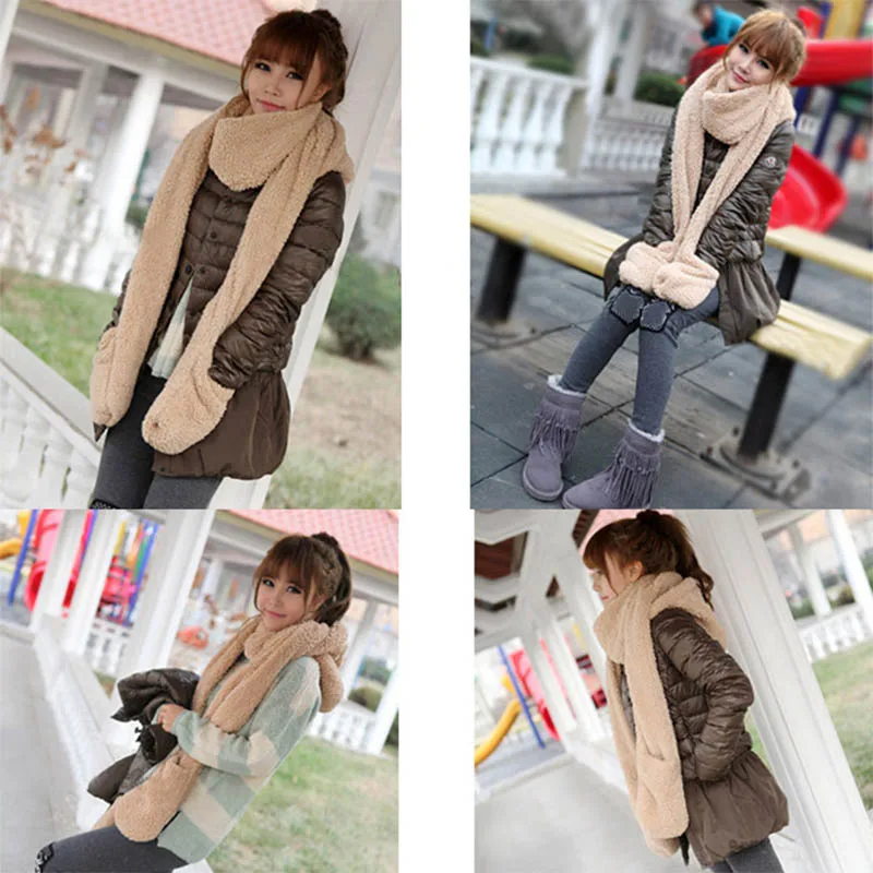 3 in 1 Women Autumn Winter Warm Plush Hood Scarf Snood Thicken New Fashion Comfortable Cute Hats Gloves