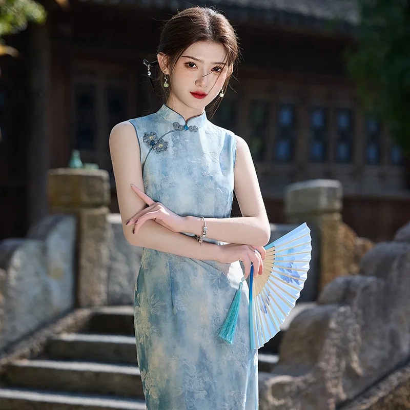 Yourqipao Sleeveless Flocking Double-Layer Long Cheongsam Simple High-end Sense Chinese Style Evening Qipao Dress for Women