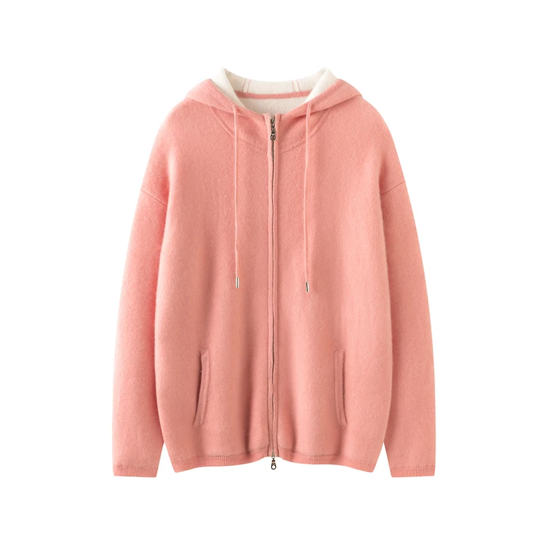 

Роскошный женский 100% кашемировый кардиган на молнии с капюшоном и длинными рукавами, осень-зима, толстый повседневный свитер, теплый комфортный вязаный топ