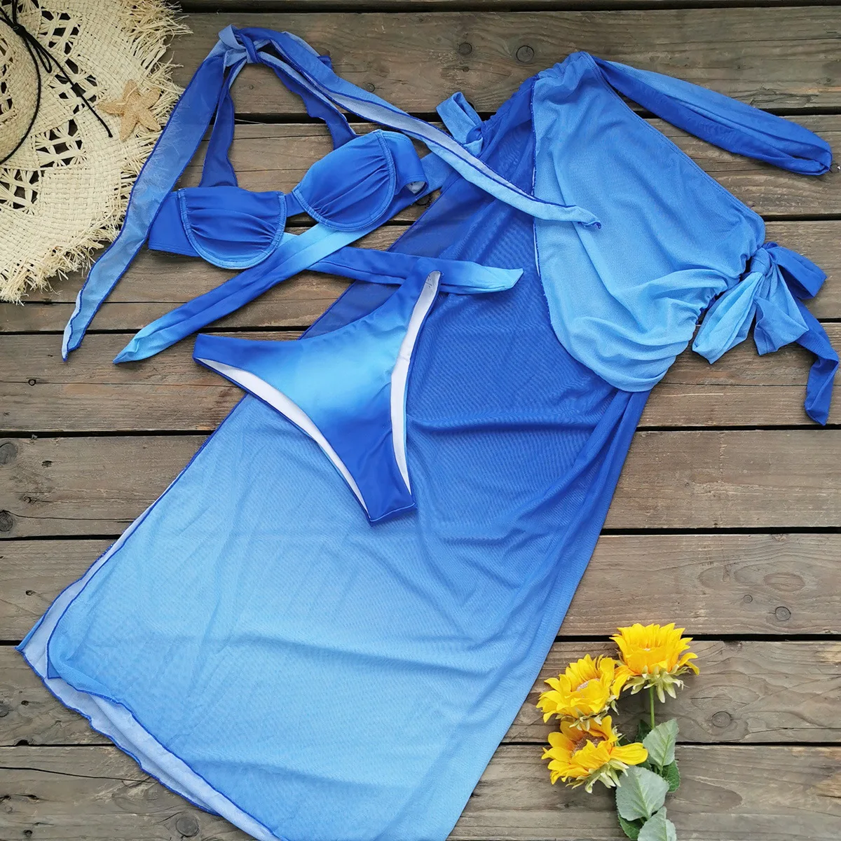 3 Pcs Women's Blue Halter Bikini Swimsuit with A-Line Skirt Brazilian Bathing Suit 2025 Summer Sexy Swimwear Female Bathing Suit