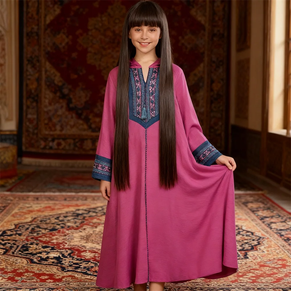 

Ид Джеллаба, абайи с кисточками и вышивкой для детей, мусульманское платье с капюшоном для девочек, Дубай, Абая, кафтан, Марокко, детская исламская одежда, халат