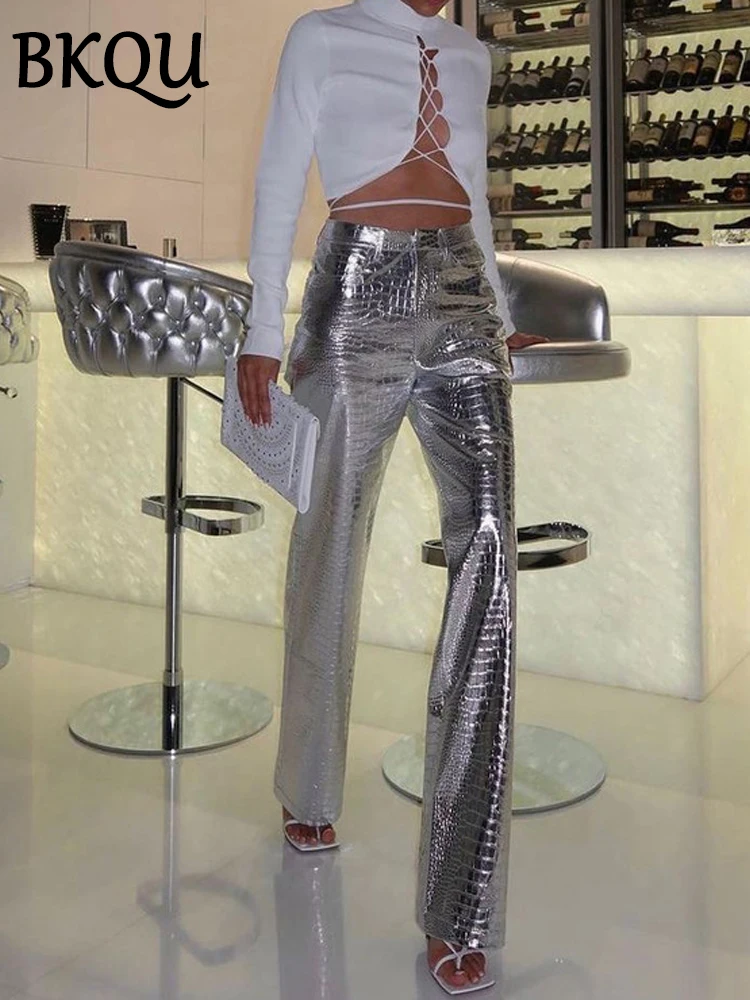 BKQU 2024 Leather Straight Long Baggy Pants Women Gold Sliver Shinny Streetwear Party Nightclub High Waist Scale Wide Leg Pants