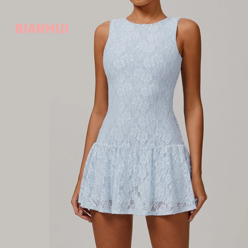 

BIANHUI Lace Nude Feel Dress With Mesh Patchwork Breathable Zipper Sundress Summer Sports Running Anti-Exposure Short Dresses