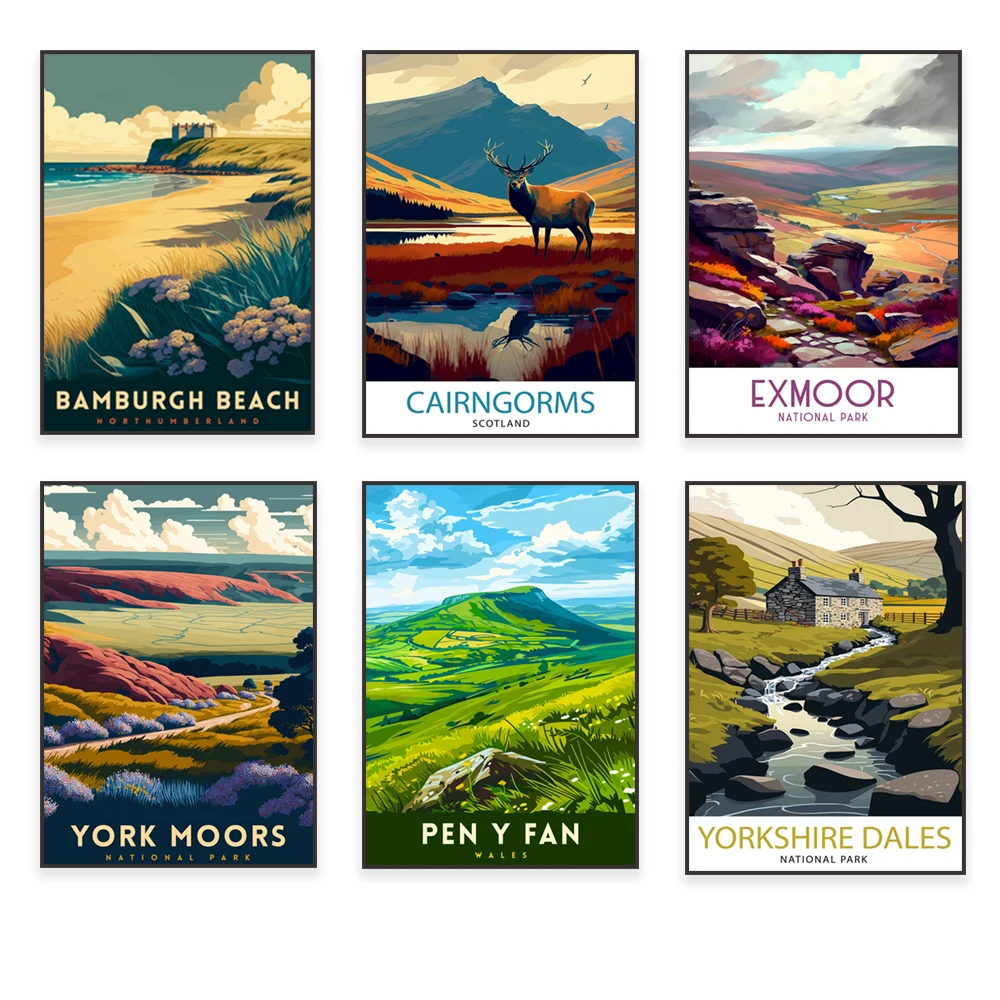 Cairngorms, Yorkshire Dales, Ullswater, Shropshire Hills, North York Moors, Scafell Pike, Northumberland Beaches travel poster