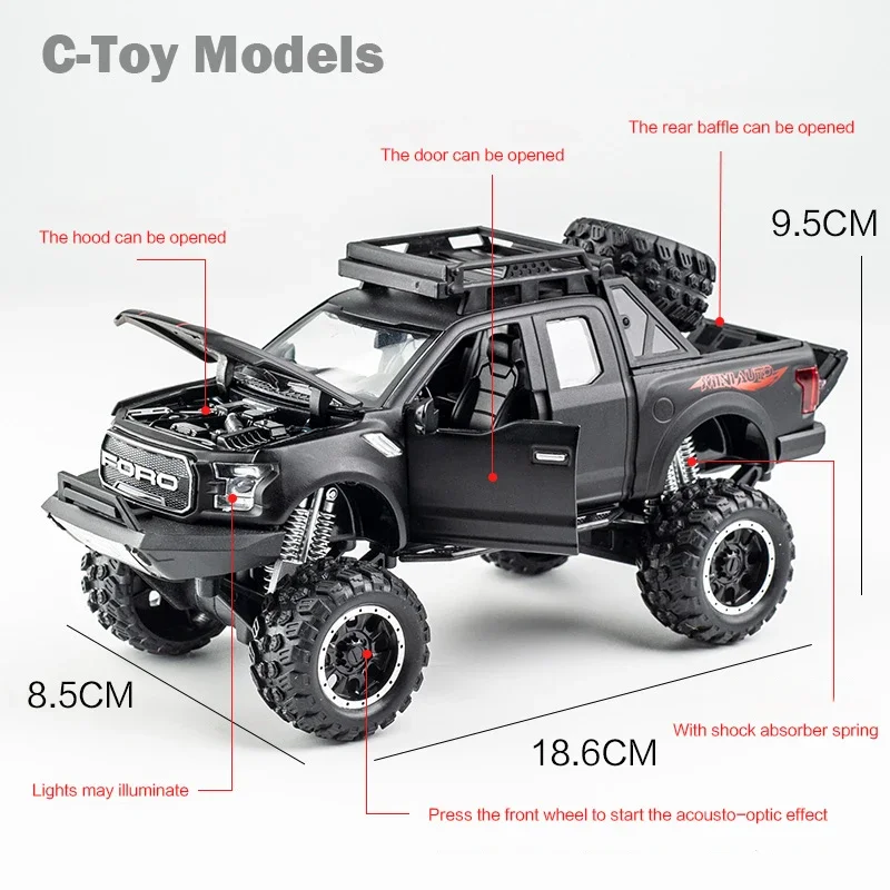 1:32 Ford Raptor F150 Alloy Diecast Car Model Toys Sound Light Toy Pickup Truck Pull Back Vehicle For Children gifts