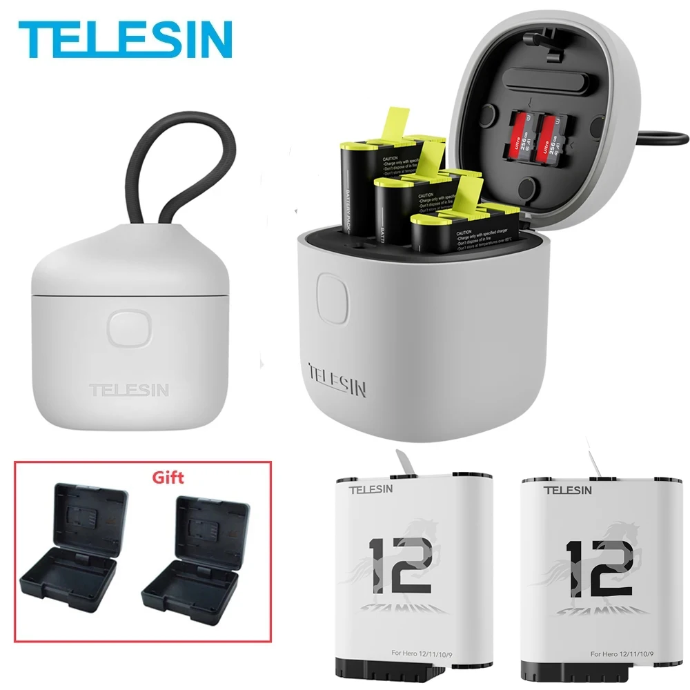 TELESIN Endurence Battery Kit For GoPro12 1750 mAh Battery 3 Slots TF Card Battery Storage Charger Box For GoPro Hero 12 11 10 9